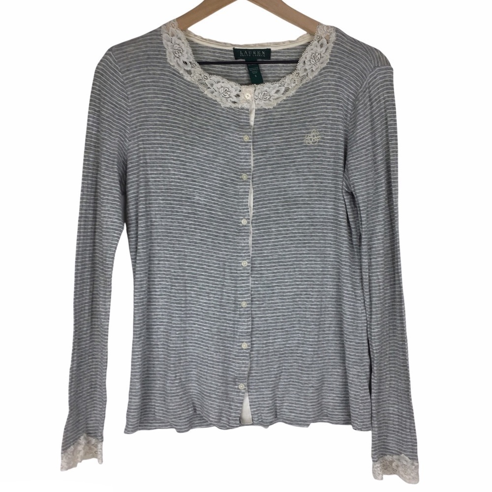 LAUREN RALPH LAUREN Cardigan Top Button Up Stripe Long Sleeve Ribbed Lace Small